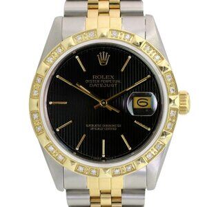 ROLEX DATEJUST BLACK TAPESTRY INDEX DIAL DIAMOND JUBILEE WATCH 16233 BOX & PAPER